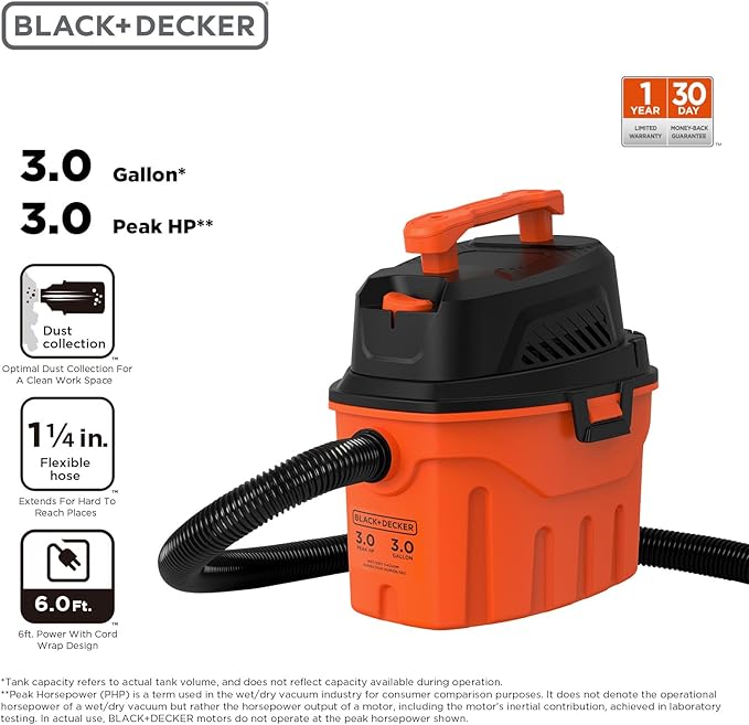 BLACK+DECKER Shop Vacuum Wet and Dry, 3 Gallon 3.0 Peak HP, 3-in-1 Portable Corded Shop Vac with Accessories, Vacuum Cleaner 