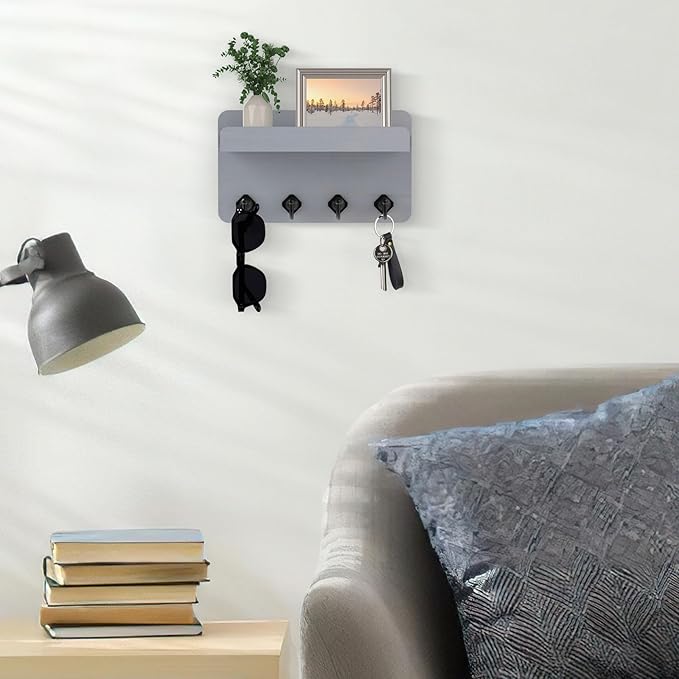 Nekon Key Holder Wall Mount, 8.5 Inch Small Home Decor Wooden Wall Organizer with 4 Hooks and Shelf, Key and Mail Holder for 