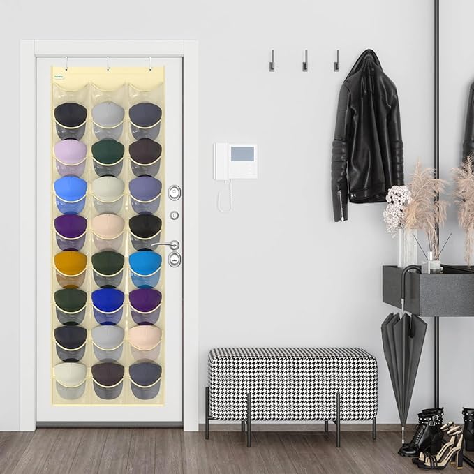Unjumbly Baseball Hat Rack, 27 Pocket Over-The-Door Hat Organizer with Clear Deep Pockets to Display Baseball Caps Collection