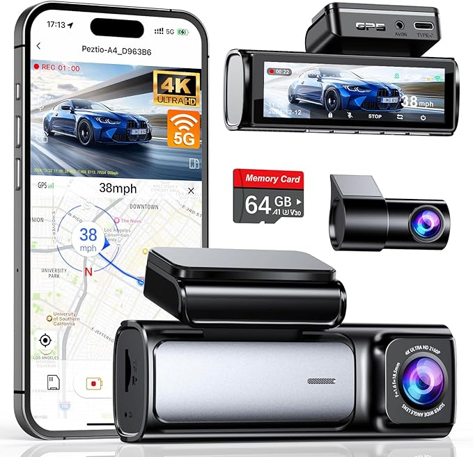4K Dash Cam Front and Rear, Built-in 5G WiFi GPS, 64GB Card Included, 3.59'' IPS Screen Dash Camera for Cars, Dual Dashcam wi