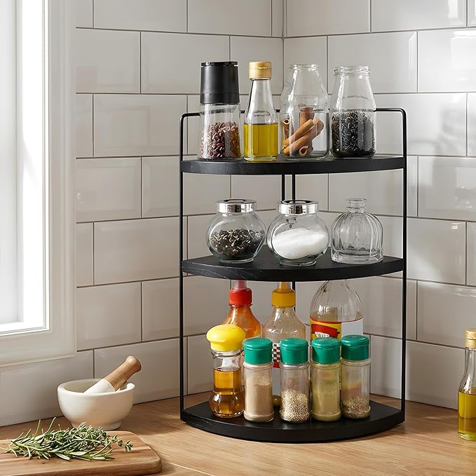 Corner Bathroom Counter Organizer Countertop Black, 2 Pack 3 Tier Corner Shelf Wood Vanity Tray Easy Assembly Space Saving Sh