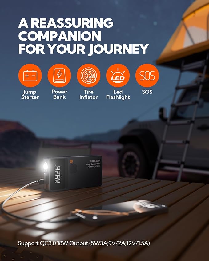 Car Battery Jump Starter with Air Compressor, Battery Jump Box with Tire Inflator,Car Jump Booster with Smart Jumper Cables,L