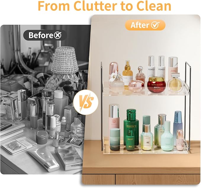 Bathroom Countertop Organizer, 2 Tier Acrylic Tray Vanity Counter Skincare Organizer Shelf, Home Storage Holder for Lotion Ma