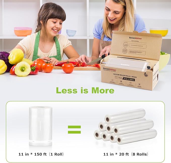 [2025 New] Bonsenkitchen 11” x 150’ Vacuum Sealer Bags Rolls with Cutter for Food Storage, Commercial Grade, BPA Free, Great 