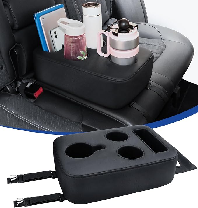 Upgraded Car Cup Holder with Dual Secure Straps, Back Seat Cup Holder for Car, PU Leather Truck Cup Holder, Boat Tray Organizer for Trucks, Minivans, SUVs, RVs, Holds Coffee, Snacks, Cell Phone