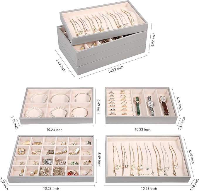 LANDICI Stackable Jewelry Organizer Trays 4 Set,PU Leather Jewelry Organizer Drawer,Jewelry Storage Display Tray for Earring 