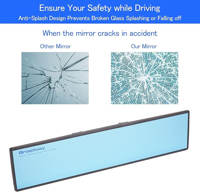 Broadway Car Rear View Mirror HD Anti Glare Universal 12 Inch large Field of View Panoramic Rearview Mirror with Wide Angle Blue Tint for Car SUV and Truck