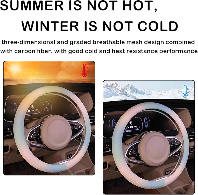 Steering Wheel Cover, with Non-Slip Lining, Cool in Summer Warm in Winter for Men Women, 14.5-15 Inch Non-Slip Breathable Lea
