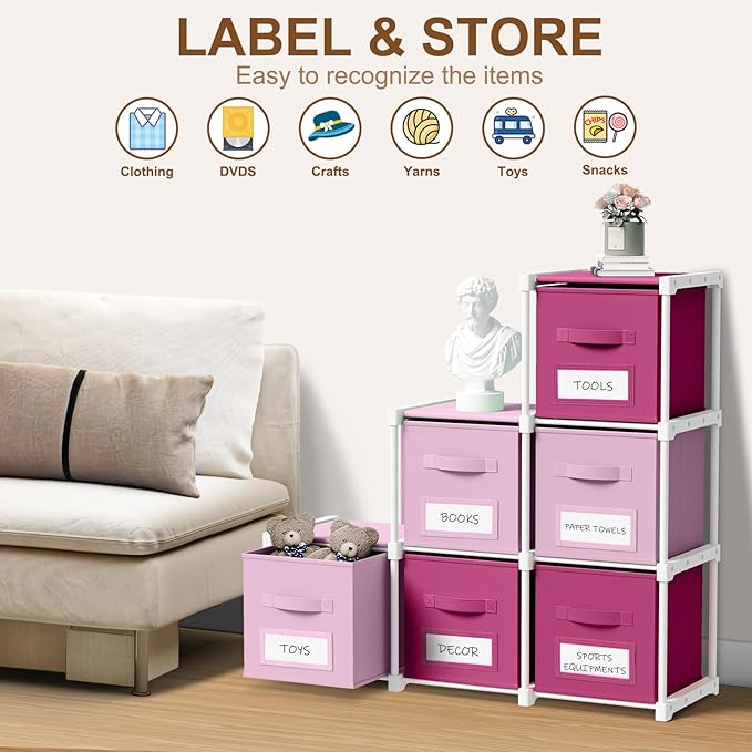 Geelin 6 Pink Cube Storage Organizer with Fabric Bins and Labels, 11 Inch Collapsible Toy Organizer Shelf Storage Bins Dresse
