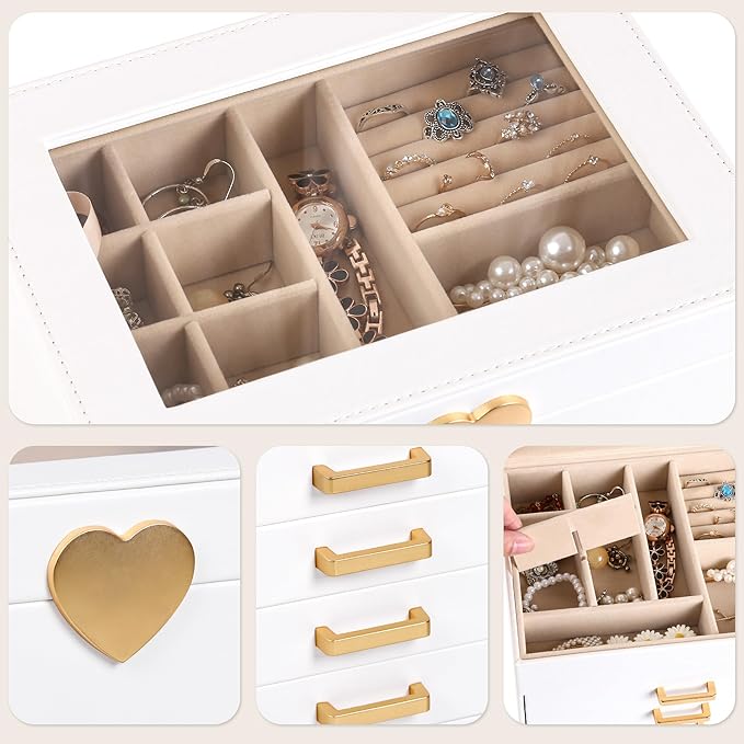 Kendal Jewelry Box, 5-Layer Jewelry Organizer Box with Glass Lid, Brass Gold and White, Heart Shaped PU Leather, Storage Box 