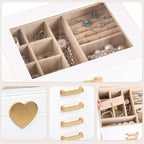 Kendal Jewelry Box, 5-Layer Jewelry Organizer Box with Glass Lid, Brass Gold and White, Heart Shaped PU Leather, Storage Box 