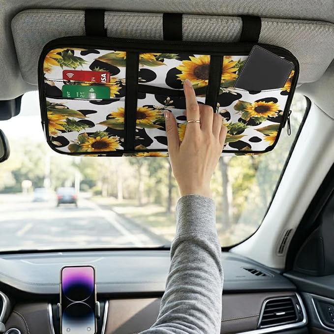 Car Sun Visor Organizer,Cow-Print Sunflower Auto Interior Accessories Pocket Organizer Glasses Clip， Truck SUV Storage Pouch Holder with Double Zipper Pockets