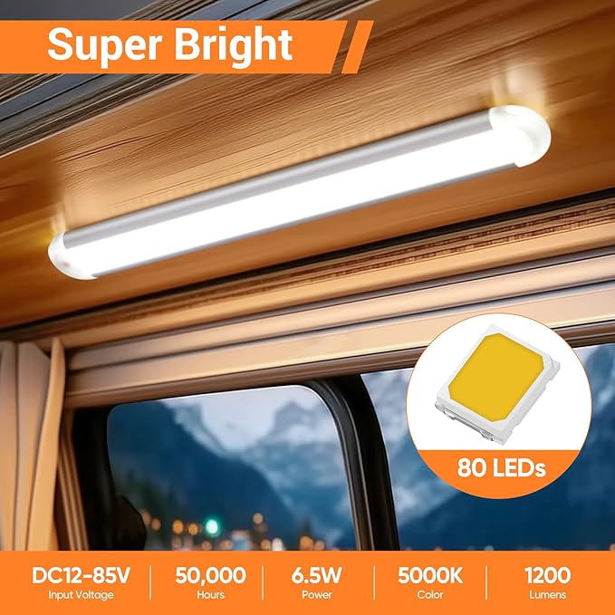 CT CAPETRONIX 12v Led Light Bar Strip, 80leds 1200LM 6.5W DC 12 Volt Led Strip Lights Fixtures with Switch, Enclosed Trailer Lights for RV Interior, Van, Truck Lorry, Camper, Boat, Caravan (8Pcs)