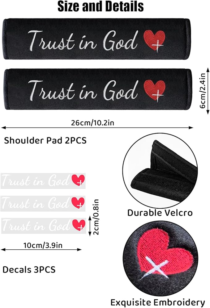 2 Pack Car Seat Belt Cover Pad with 3 PCS Trust in God Rearview Mirror Stickers,Soft Seatbelt Cushion Covers, Christian Car