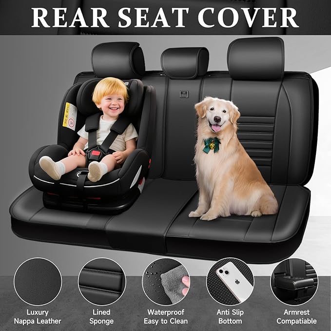 CAR PASS Back Seat Covers, Nappa Leather Rear Seat Bench Cushion Lined Sponge Waterproof Breathable PU Split Back Row Protect