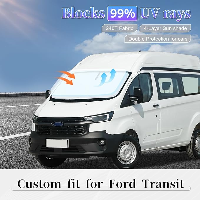 Sun Shade Sunshade for Ford Transit Windshield Cover, 4-Layer Front Window Shade Custom for Transit 2015-2025 2026 XL,Wagon XLT Cargo Vehicle,Connect Van XL Sun Visor 250T Shade Blocks UV Rays