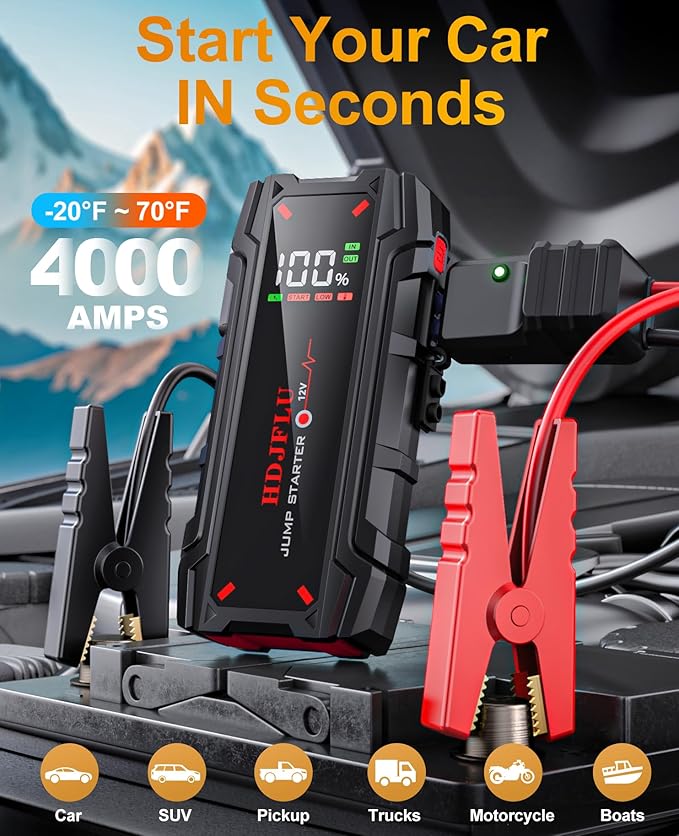 4000A Portable Car Jump Starter, Battery Jump Starter for 8L Gas & 6L Diesel Engines, 10 Safety Protections, 12V Jump Box