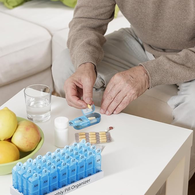 Daviky Monthly Pill Organizer 2 Times a Day, 30 Day Pill Box AM PM with Separate Container, One Month Medicine Case Twice a D