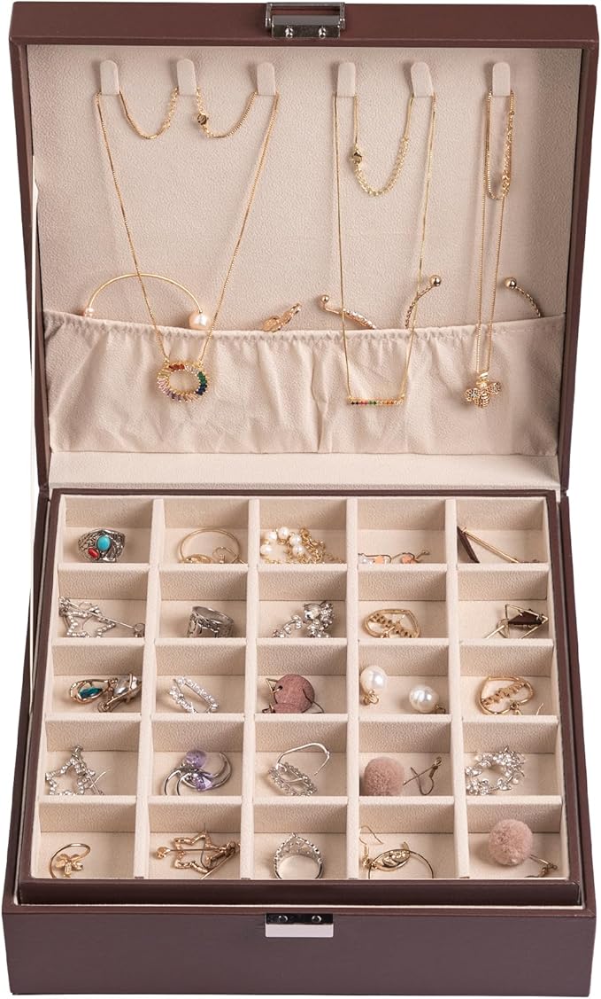 Frebeauty Earring Organizer Classic Jewelry Box 50 Slots Double Layer Jewelry Storage Case with 6 Necklace Hook and Bracelet 