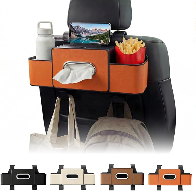 Backseat Car Organizer, 4 in 1 Multifunctional Car Back Seat Storage Organizer with Tissue Box, 2 Cup Holders, Phone Stand and Hooks, Automotive Seat Back Organizers (Orange)
