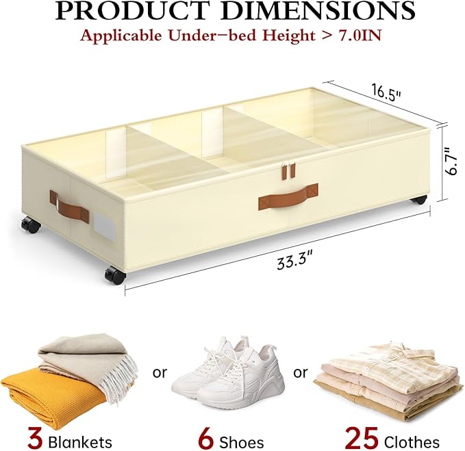 Yecaye Under Bed Storage with Wheels, 2Pack Grey Under Bed Storage Containers and 2Pack Beige Under Bed Shoe Storage with Div