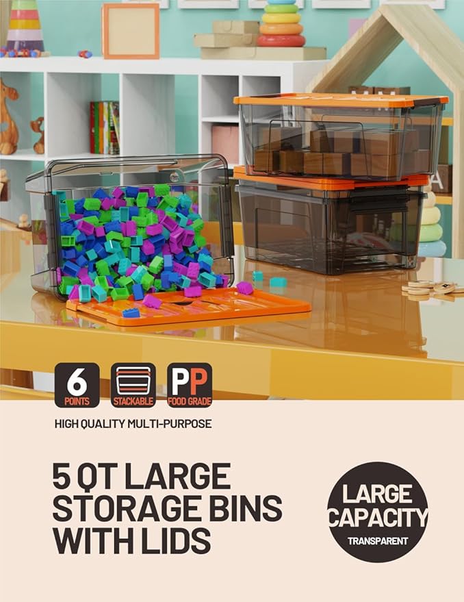 WYT 5-Quart Small Storage Container Bin with Orange Secure Lid and Black Clear Latch Buckles, Durable Plastic Stackable Nesta