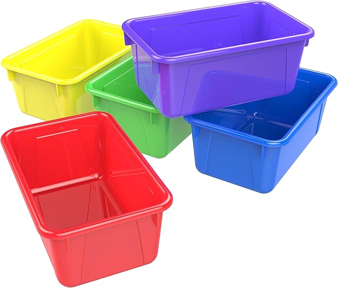 Storex 62414U05C Small Cubby Bin, Plastic Storage Container Fits Classroom Cubbies, Pack of 5, 12.2" x 7.8" x 1" (Assorted co