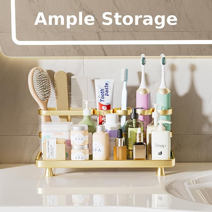 YOOLENS Electric Toothbrush Holder for Bathroom Countertop 5 Metal Slots Toothpaste Razor Mouthwash Organizer, Gold