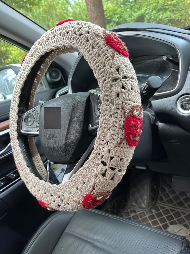 Crochet Ladybug Steering Wheel Cover Universal 14-15 inch (Steering Wheel Cover)