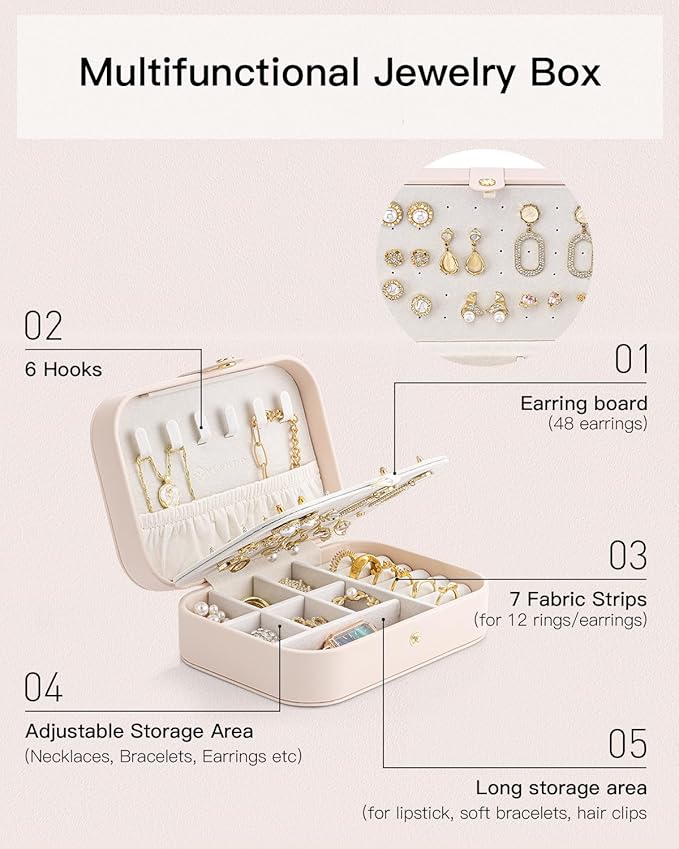 VLANDO Travel Jewelry Case, PU Leather Travel Jewelry Box with Earring Holder, Portable Display Small Jewelry Box for Mothers