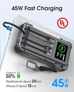 Solar Power Bank 44400 mWH, 45W Fast Charging with 4 Built-in Cables & Car Battery Jumper Starter Portable, 12V Battery