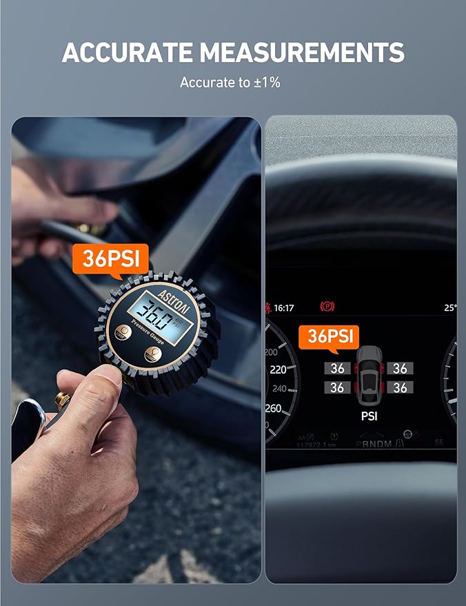 AstroAI Digital Tire Pressure Gauge with Inflator(3-250 PSI 0.1 for Display Resolution), Heavy Duty Air Chuck and Compressor Accessories with Rubber Hose and Quick Connect Coupler, White