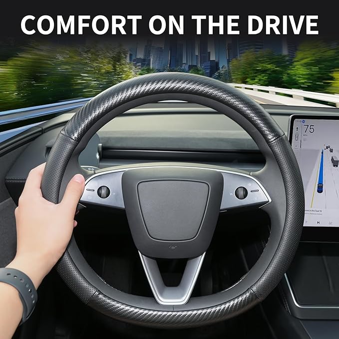 Carbon Fiber Leather Steering Wheel Cover for Tesla Model 3/Y 2016-2025 2026 Juniper/Highland, Non-Slip Breathable Steering Wheel Protector for Tesla Model 3/Y Accessories 2026