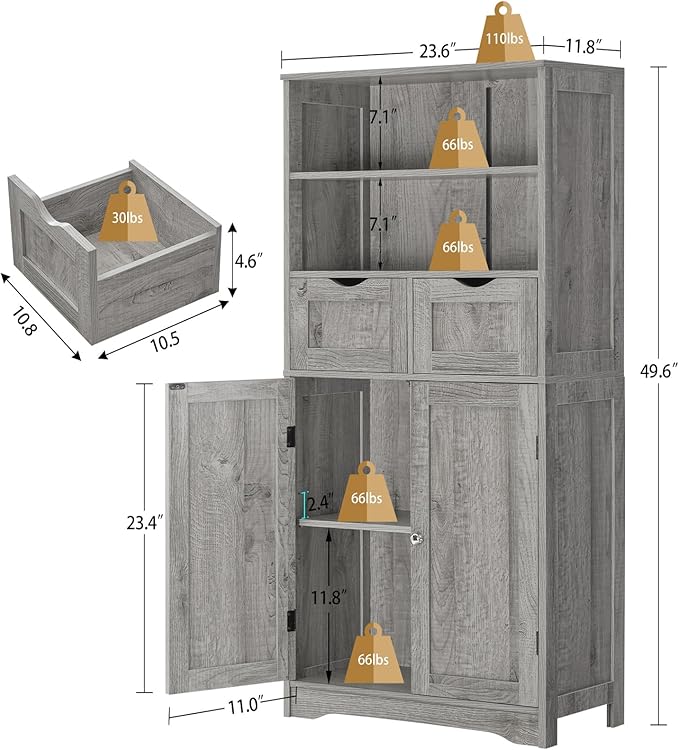 Iwell Storage Cabinet with 2 Drawers & Adjustable Shelf, Tall Bathroom Cabinet with Doors, Cupboard, Kitchen Cabinets for Liv