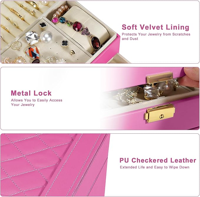 2-Layer Jewelry Box for women, jewelry organizers and storage with Removable Jewelry Tray, vintage quilted top Lockable Jewel