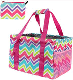 Extra Large Utility Tote Bag - Oversized Collapsible Tote with Wire Frame, Durable Reusable for Beach, Groceries, Laundry, Car Trunk, Storage and Travel - Includes 5x7 Bag with Hook - Chevron Multi