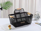 AJIODA Metal Mesh Steel Basket, Medium Wire Storage Organizer Basket Multi-function Hanging Kitchen Basket with Wood Handle f