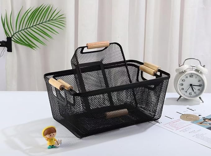 AJIODA Metal Mesh Steel Basket, Medium Wire Storage Organizer Basket Multi-function Hanging Kitchen Basket with Wood Handle f