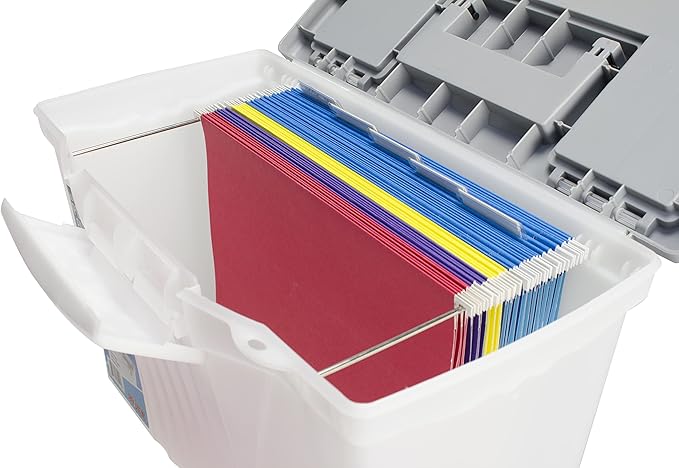 Storex Portable File Box with Organizer Lid, 17.13 x 9.63 x 11 Inches, Frosted/Silver (STX61511U01C)