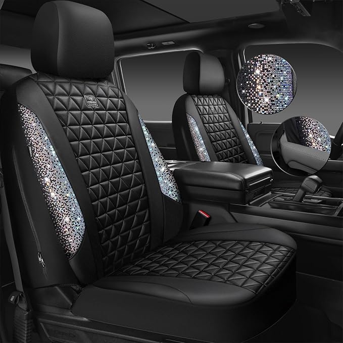 CAR PASS Bling Diamond Leather Car Seat Covers for 2 Front Interior Sets, Waterproof Shining Glitter Sparkly Crystal Universa