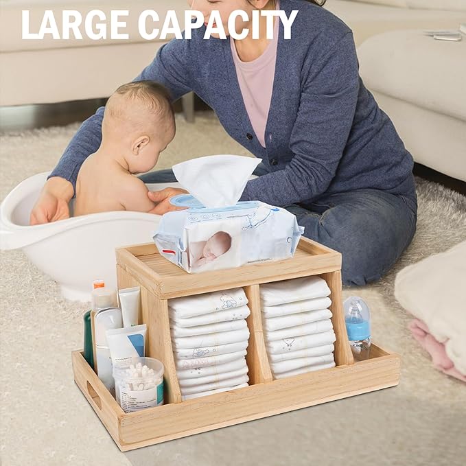 Diaper Caddy Organizer, Changing Table Organizer, Wooden Diaper Organizer for Nursery, Baby Diaper Storage Organizer with Rem