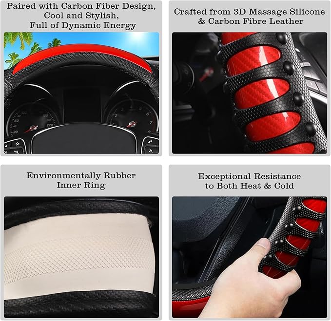 Car Leather Steering Wheel Cover - Carbon Fibre Material, Universal 14.5-15 Inch Leather Anti-Slip Breathable Auto Steering W
