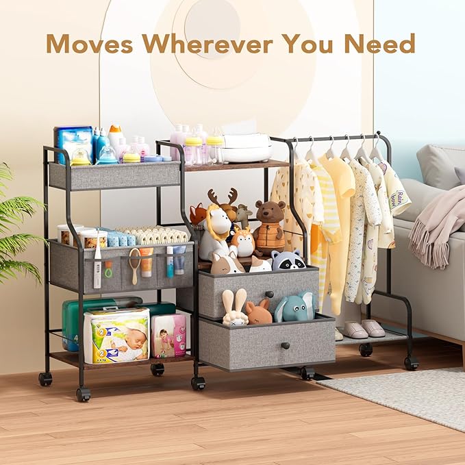 BBLIKE Diaper Caddy Organizer with Hanging Rack - 3 Tier Rolling Utility Cart with Drawers and Dividers for Baby Bottle Stora