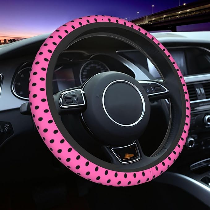 Pink Black Bow Steering Wheel Cover,Cute Classic Universal Fit 14-15 inch Steering Wheel Cover for Women Men, Automotive Inte