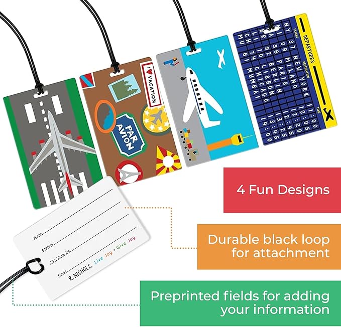 R. Nichols Airport Travel Luggage Tag Set - Sturdy Waterproof Plastic Travel Labels for Baggage, Suitcases, Backpacks, and Di