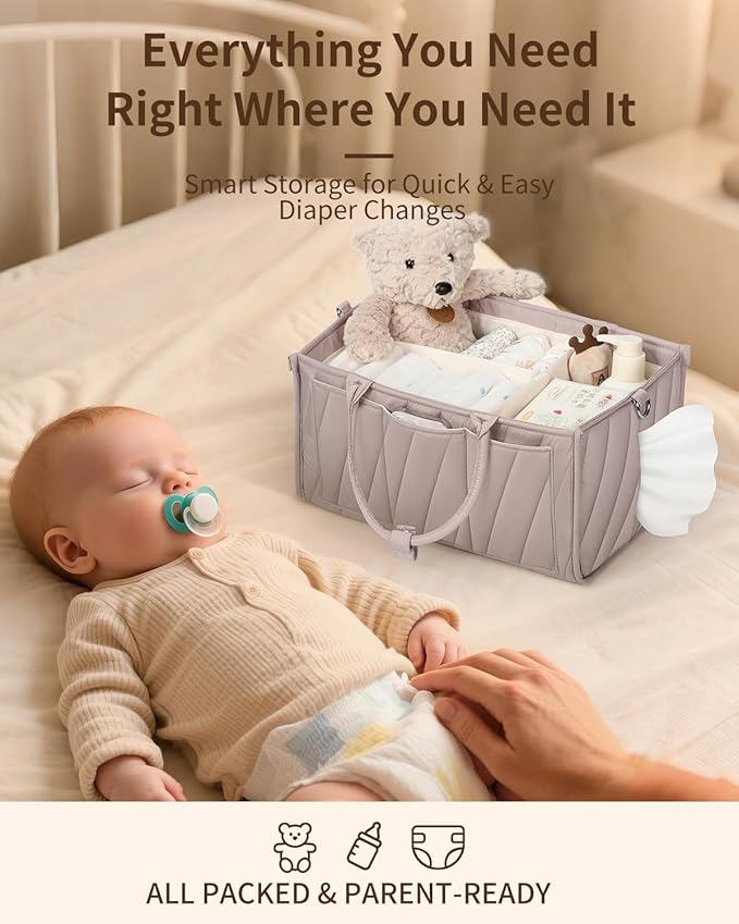 Diaper Caddy Organizer – Portable Storage Basket with Shoulder Strap & Stroller Hooks, Splashproof Quilted Nursery & Car Tote