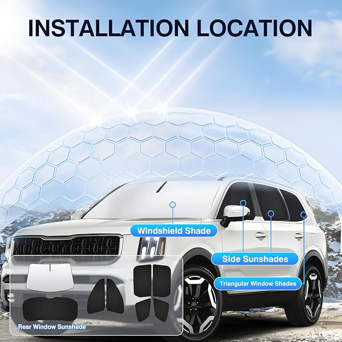 Sunsdrew 8PCS Windshield Sun Shade Kit for Kia Telluride 2020-2025 Full Privacy Side Rear Window Shade Cover Foldable Sun Visor Protector Blocks UV&Heat Telluride Interior Accessories