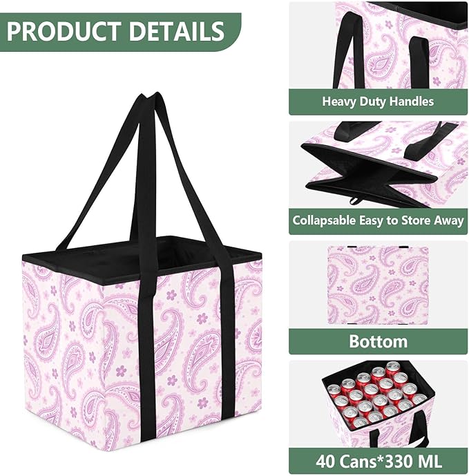 Paisley Pattern Reusable Grocery Bags Large Shopping Tote Bag with Reinforced Bottom Board, Water Resistant Foldable Storage 