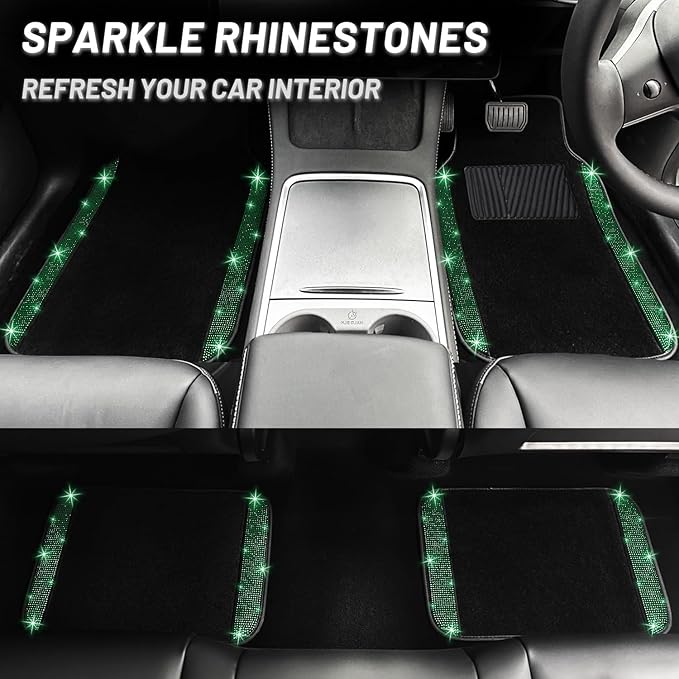 NBTEPEM Bling Car Floor Mats Full Set and Steering Wheel Cover, Universal Fit Most Cars, 4 pcs Sparkle Glitter Diamond Carpet, 5 pcs Bling Car Accessories Set for Women (Green Diamond)