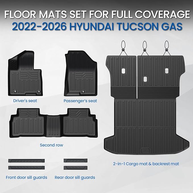 Floor Mats Set for Hyundai Tucson 2022-2025 2026 Gasoline Version (Not fit Hybrid), All Weather TPE Cargo Liner Backrest Mat Trunk Mat Door Sill Guards Accessories (Gas Model)